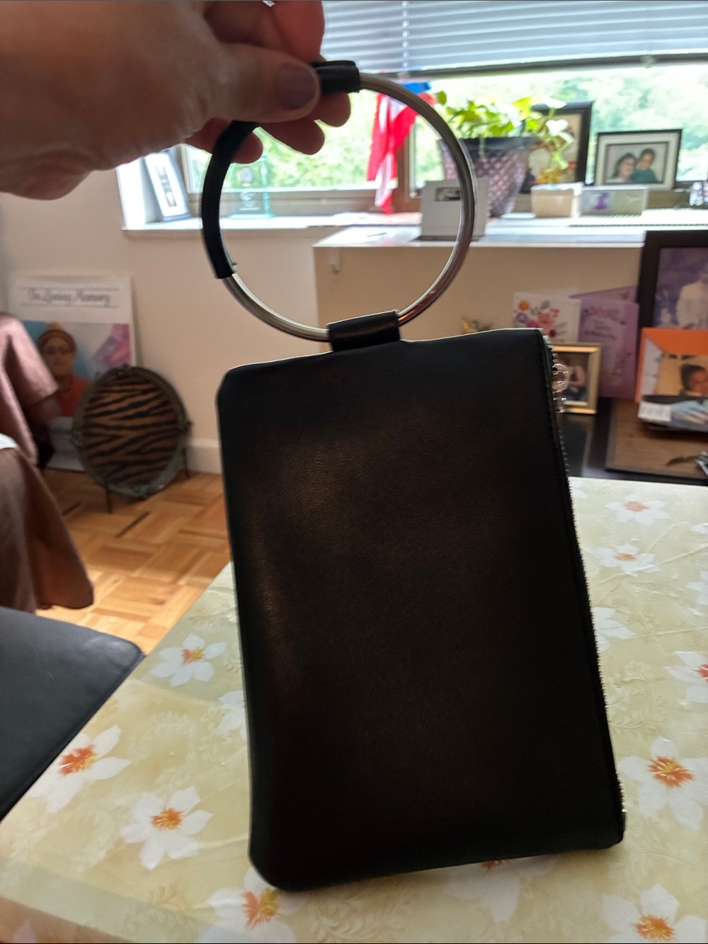 Black Leatherette Wristlet Bag with Silver Ring Handle